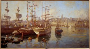 Balacelles laranja. (Vista do porto de Marselha). Pintura de Etienne Martin (1858-1945) de Etienne Philippe Martin