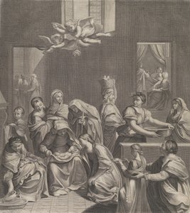 O nascimento da Virgem, mulher sentada com uma criança no colo, numerosas mulheres ao redor..., 1677. de Etienne Picart