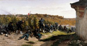 Guerra de 1870: "Les tirailleurs de la Seine au combat de Rueil Malmaison a 21 de Outubro de 1870" escaramuça durante a defesa de Paris. Pintura de Etienne Berne Bellecour (1838-1910) 1875 Sol. 1,03x2,03 m