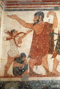 Um personagem, pode ser o árbitro da luta. (Detalhe do afresco, 530 a.C.) de Etruscan