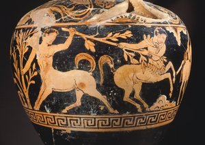 Ânfora do Pintor do Centauromachy, detalhe mostrando uma batalha entre centauros. Cerâmica de algarismos vermelhos de Porano (Úmbria). Civilização Etrusca, Século IV a.C. de Etruscan