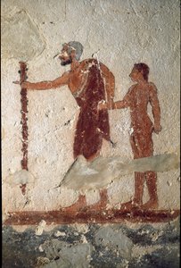 Um homem velho acompanhado por um homem jovem (Fresco, detalhe, 530 AC) de Etruscan