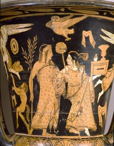 Antiquite etrusco: cratera sineira representando a destruição de Tróia: detalhe representando Dionysos e Ariane. De Falerii Veteres (Civita Castellana). 350-300 AC. Roma, Museo Nazionale di Villa Giulia de Etruscan