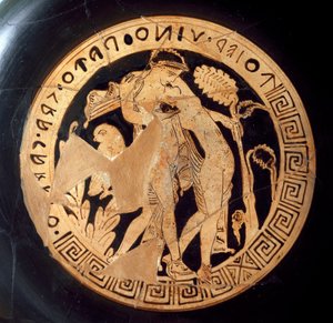 Antiquite etrusco: detalhe de uma kylix representando Dionísio e Ariane. De Falerii Veteres (Civita Castellana) do século VI a.C. Roma, Museo Nazionale di Villa Giulia de Etruscan