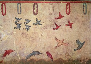 Aves aquáticas e golfinhos saltitantes, do Túmulo da Caça e Pesca, c.520-10 aC (pintura mural) de Etruscan