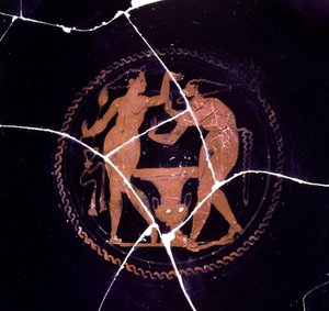 Detalhe de uma kylix representando uma maenad e um satyr, 330-300 BC de Etruscan