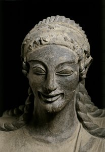 ARTE ETRUSCA: Apolo (pormenor). c. 510-490 a.C.. De Veius, santuário de..., c. 510-490 a.C. (terracota) de Etruscan