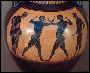 Civilização etrusca: ânfora de terracota decoree d "une scene de pugilat, detalhe 550-500 aC Da Tumba do Guerreiro em Vulci, Itália de Etruscan