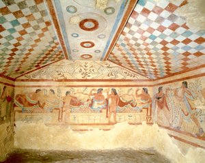Tumba Etrusca de Leopardos, fresco mostrando cena de banquete, Tarquinia. Século V a.C., Itália (afresco)