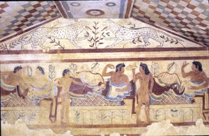 Tumba Etrusca de Leopardos, fresco mostrando cena de banquete, Tarquinia. Século V a.C., Itália (afresco)