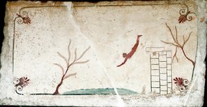 Arte etrusca: Um jovem nadador a mergulhar. Fresco do túmulo do "mergulhador". Do cemitério do sul de Paestum. 480-470 AC. Museo Archeologico Nazionale, Paestum
