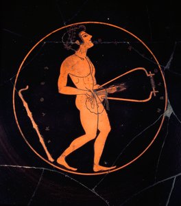 Arte etrusca: A terracota preta Kylix decora a representação de um jogador de lira. A partir do túmulo dos vasos gregos. Necrópole do Banditaccia. Cerveteri. Século VI ou V AC. Roma, Museo Nazionale di Villa Giulia. de Etruscan