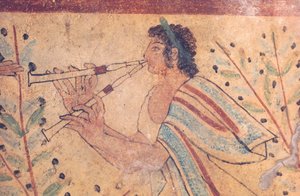 Arte etrusca: um tocador de flauta. Pormenor de um fresco no Túmulo dos Leopardos, na necrópole de Monterozzi, Itália, início do século V a.C. (fresco)