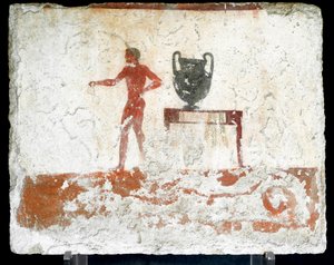 Arte etrusca: uma efebe jovem nua perto de uma mesa onde se coloca um vaso. Fresco do túmulo do "mergulhador". Do cemitério do sul de Paestum. 480-470 AC. Museo Archeologico Nazionale, Paestum de Etruscan