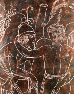 Arte etrusca: detalhe da Ficoroni Cistus de bronze representando a lenda dos Argonautas. Do Preneste (Palestrina). 340 AC. Museo Nazionale di Villa Giulia, Roma. de Etruscan