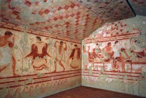 Arte etrusca: frescos retratando cenas de banquetes. Túmulo do Triclinium. Século V AC. Museu Nacional de Arqueologia de Tarquinia Itália.