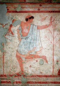 Arte etrusca: afrescos representando cenas de banquetes, detalhe representando um bailarino. Túmulo do Triclinium. Século V AC. Museu Nacional de Arqueologia da Tarquinia Itália.