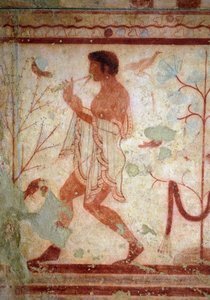 Arte etrusca: frescos representando cenas de banquetes, detalhe representando um flautista. Túmulo do Triclinium. Século V AC. Museu Nacional de Arqueologia da Tarquinia Itália. de Etruscan