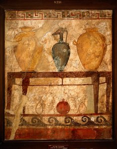 Arte etrusca: mesa com vasos com oferendas. Fresco do cemitério de Paestum. Século IV AC. Museo Archeologico Nazionale, Nápoles, Itália de Etruscan