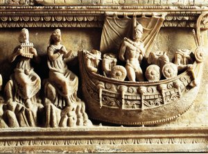 Civilização etrusca, urna de alabastro, detalhe de relevo retratando Odisseu e Sereias de Etruscan