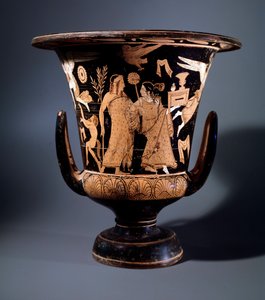 Civilização etrusca: decoração de cratera de terracota pelo pintor de Nazzano representando Apolo e um menade, 350 aC Dim 57 cm, do local de Civita Castellana de Etruscan