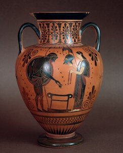 Civilização etrusca: hidria de terracota representando Tétis entregando as armas a seu filho Aquiles, 550-500 aC De Cerveteri, Itália de Etruscan