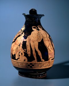 Civilização etrusca: oenochoe de terracota decorado pela oficina do pintor de Alcesti representando um jovem sentado conversando com duas outras pessoas em pé, 360-340 aC de Tarquinia, Itália de Etruscan