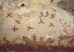 Pescadores, em, um, bote, e, pássaros, voando, de, a, túmulo, de, pesca, e, caça, c.520-510, bc, (wall, painting) de Etruscan
