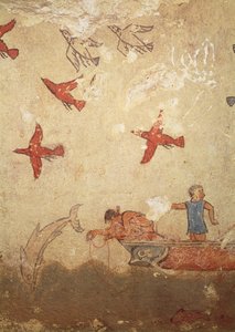 Barco de pesca, da tumba de caça e pesca, c.520-10 BC (pintura de parede) de Etruscan