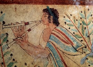 Flautista. Pormenor de um fresco do Túmulo dos Leopardos, século V a.C. de Etruscan