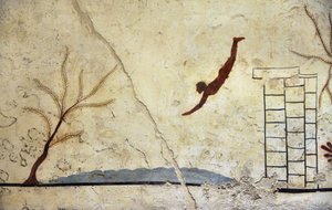 Arte grega: Um jovem nadador a mergulhar. Fresco do túmulo do "mergulhador", Paestum de Etruscan