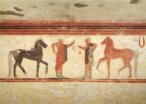 Cavalos e cavaleiros segurando as rédeas, do túmulo do barão, c.500 aC (pintura de parede)