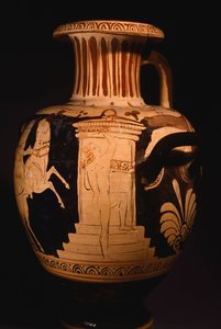 Hidria pelo Pintor do Biga Vaticana (Carruagem Vaticana), mostrando detalhes da edícula com o pintor a trabalhar. Cerâmica de algarismos vermelhos. Civilização Etrusca, Século IV a.C. de Etruscan