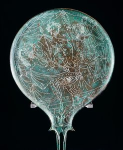 Espelho retratando a cena do banquete, artefato de bronze do Preneste (Lazio). Civilização Etrusca, Século IV a.C. de Etruscan