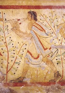 Músico tocando os tubos, do túmulo do leopardo, c.490 BC detalhe da pintura de parede de 76027 de Etruscan