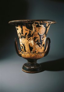 Cerâmica de figuras vermelhas, krater calyx representando Neoptolemus, Astyanax, Helena de Tróia e Priamo em terra, de Nazzano Painter, de Civita Castellana de Etruscan