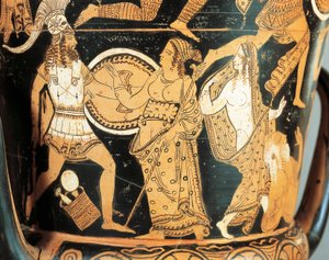 Cerâmica de algarismos vermelhos, detalhe de krater representando Menelaus enfrentado por Afrodite ao chegar a Helena, de Civita Castellana, antiga Falerii, província de Roma, Itália de Etruscan