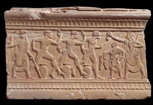 Alívio com uma raça de atletas de um marco de mármore de Chiusi, Itália, Século VI a.C. de Etruscan