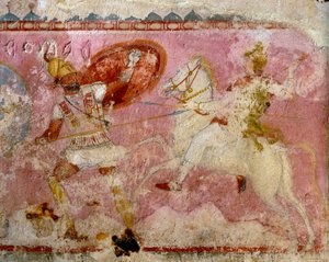 Sarcófago das Amazonas com cena de batalha pintada, pedra calcária branca, de Tarquínia, região do Lácio, Itália, pormenor de Etruscan