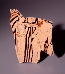 Fragmento de terracota de kylix representando uma maenad e um satyr, 350 a.C. de Etruscan