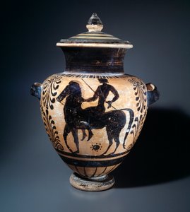 Terracotta stamnos representando um cavaleiro, 500-490 AC de Etruscan