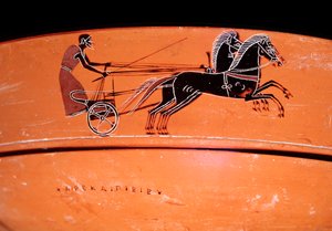 Detalhe de um vaso de terracota representando uma carruagem desenhada por dois cavalos, século IV a.C. de Etruscan