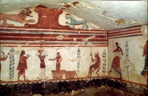 O defunto sentado num banco assiste a um espectáculo com malabaristas e dançarinos (Fresco, detalhe, 530 a.C.) de Etruscan
