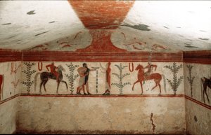 Dois cavaleiros, uma mulher e um homem barbudo apresentando um copo (Detalhe do fresco, 530 a.C.) de Etruscan