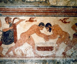 Dois lutadores. (Detalhe do fresco, 530 a.C.) de Etruscan