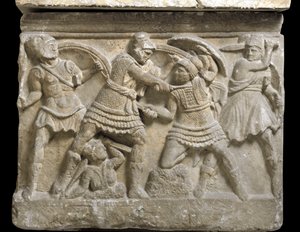 Arte etrusca: "Eteocle e Polynice" os dois irmãos, filho de Édipo, Bas relief de um sarcófago de Chiusi, século III a.C. - Palermo, Museo Archeologico Nazionale - Duelo entre os irmãos Eteocles e Polynices, filhos de Édipo - Bas-relief, detai