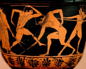 Arte etrusca: pyxis decora uma cena de palestra, os atletas praticam o lançamento de dardo de Cerveteri. Roma, Museo di Villa Giulia