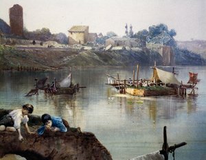 Os giornelli (rodas de peixe) dos pescadores em Tiber perto de Porto di Ripa Grande em Roma, por Ettore Roesler Franz (1845-1907), aguarela, Itália