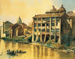 Itália, Roma, Casas antigas ao longo do rio Tiber, por Ettore Roesler Franz, Watercolor