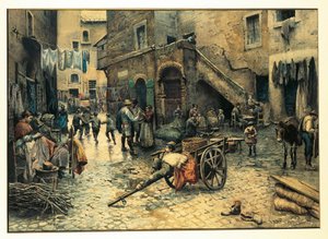 Itália, Roma, Vida de rua na Via Capocciuto no Gueto (judeu) de Roma por Ettore Roesler Franz, aguarela
